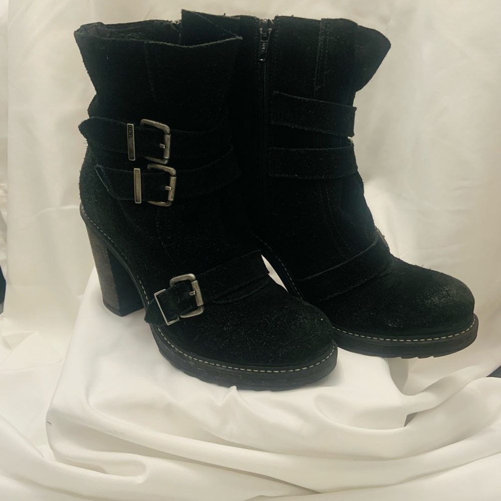 Diesel Black Suede Heeled Boots with Buckles